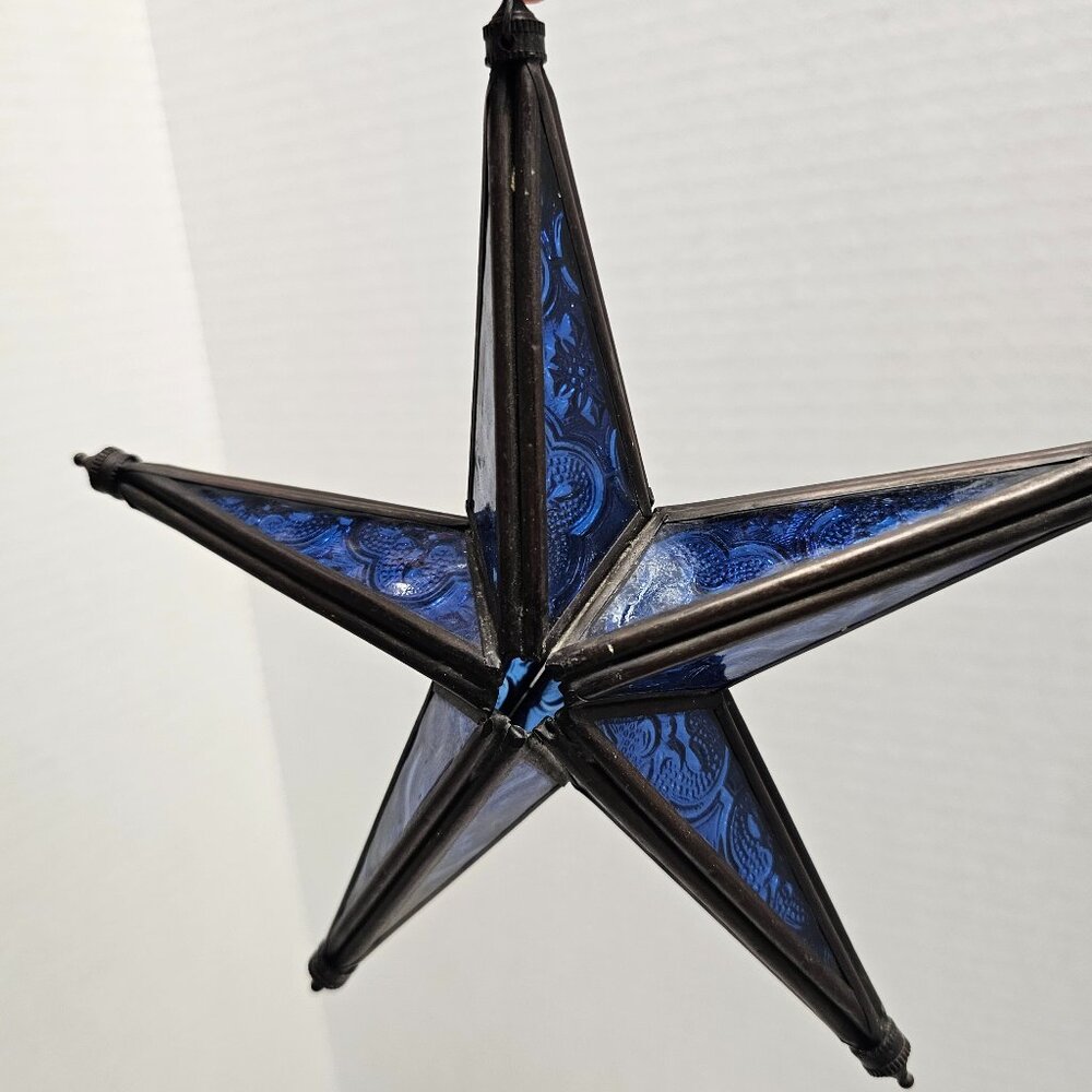 Cobalt Blue Stained Glass 3D Star Suncatcher Hanging Christmas Decor Display